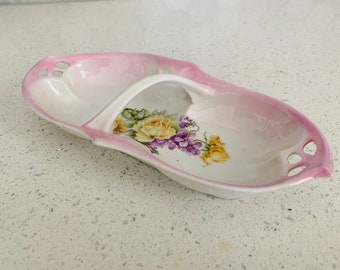 BTC Germany Relish Dish, Pink and Purple Floral Dish, Delicate Serving Dish, Vintage, Handle in the Middle, Dainty Dish, Gift for Her