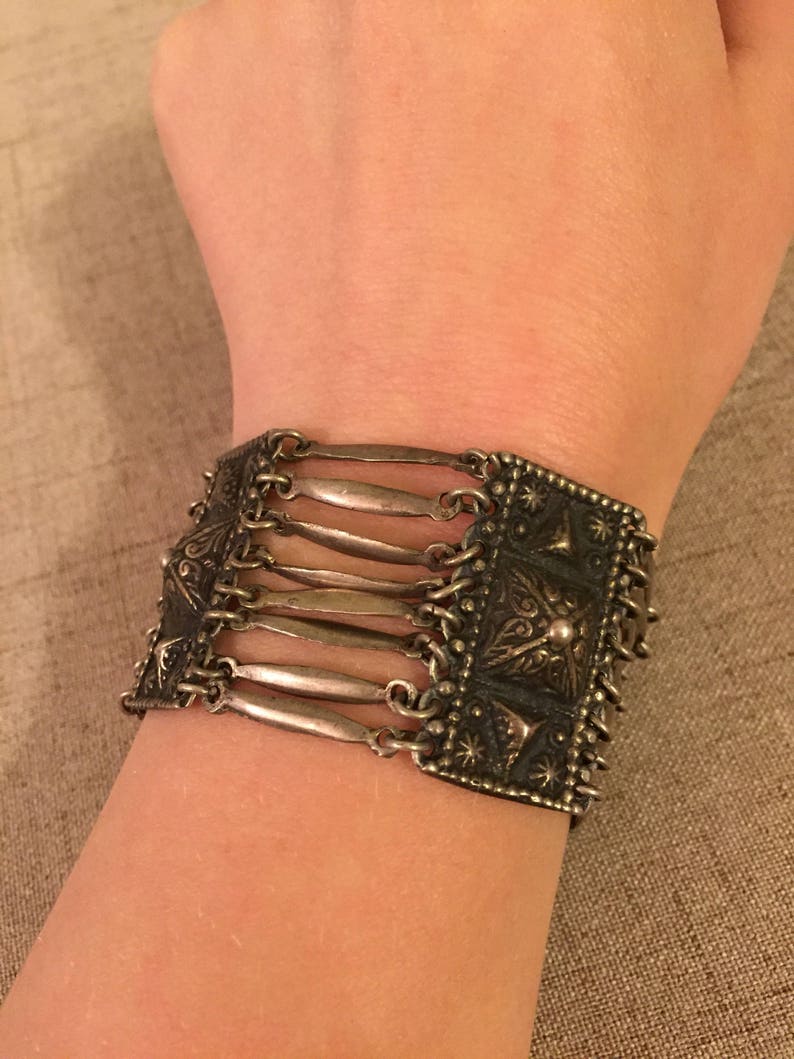Wide Stamped Silver Eye Catching Mexico Bracelet Pyramid Sterling Boho Bracelet Chunky Bar