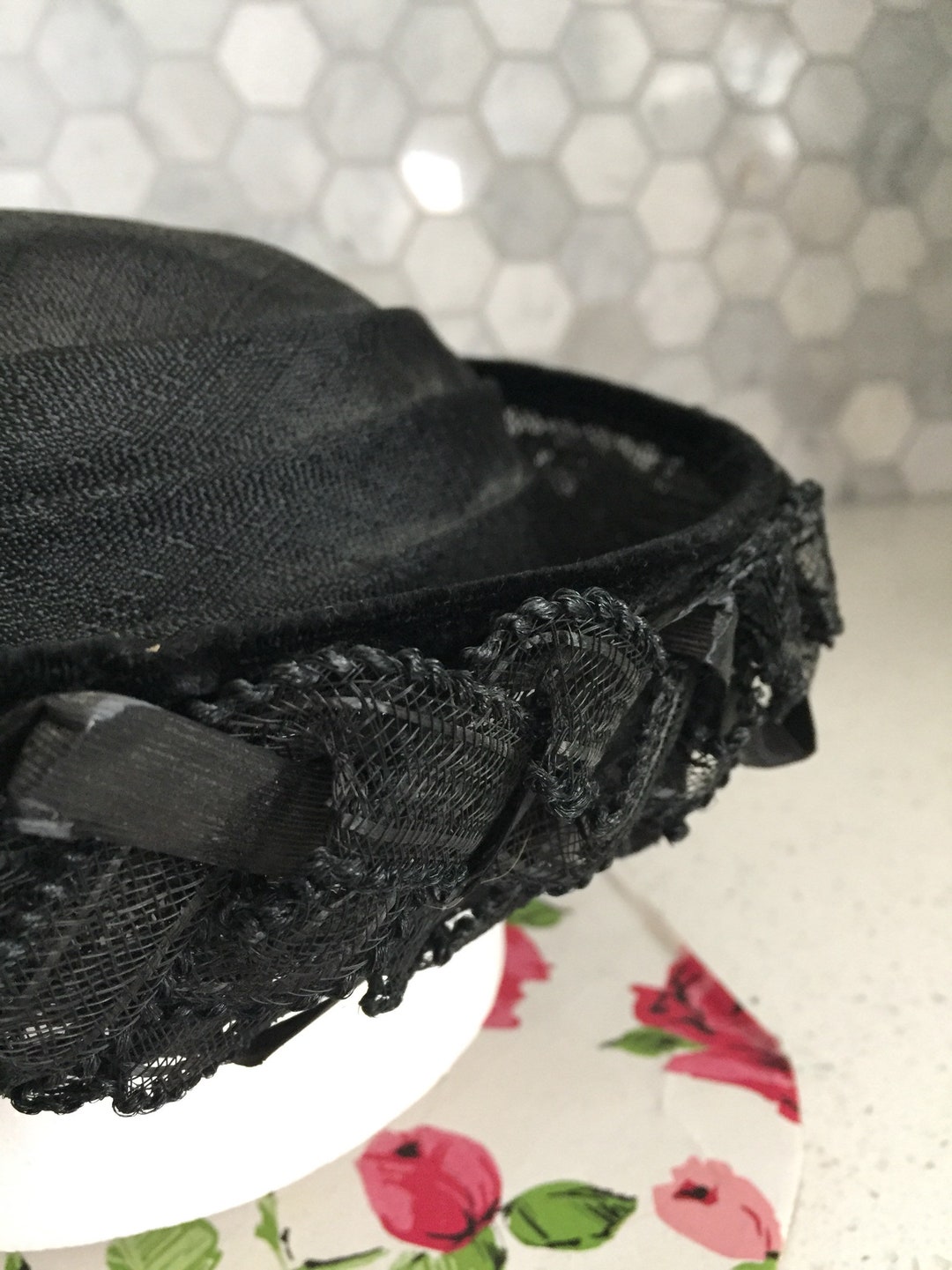Union Made Black Vintage Hat, Weaved, Unique, Pillbox, Tilt Hat, Beautiful, Stylish, Classy