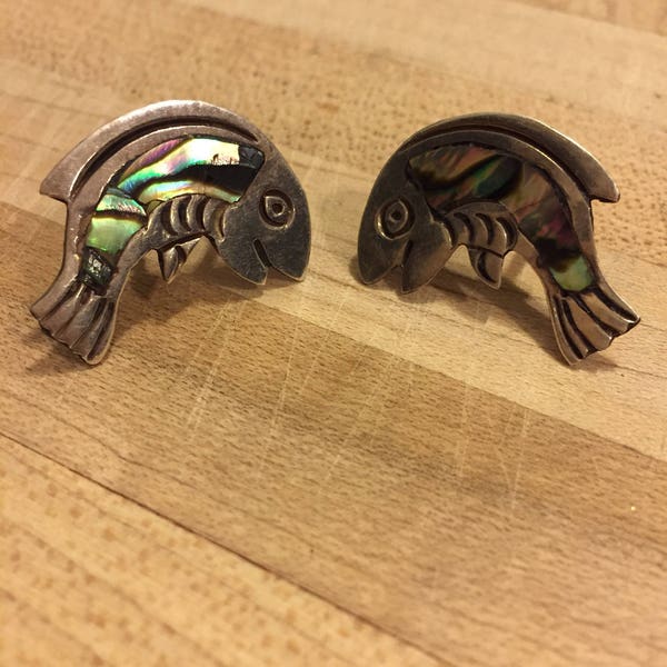 Abalone Fish Screw Back Earrings, Sterling, Mexico 925