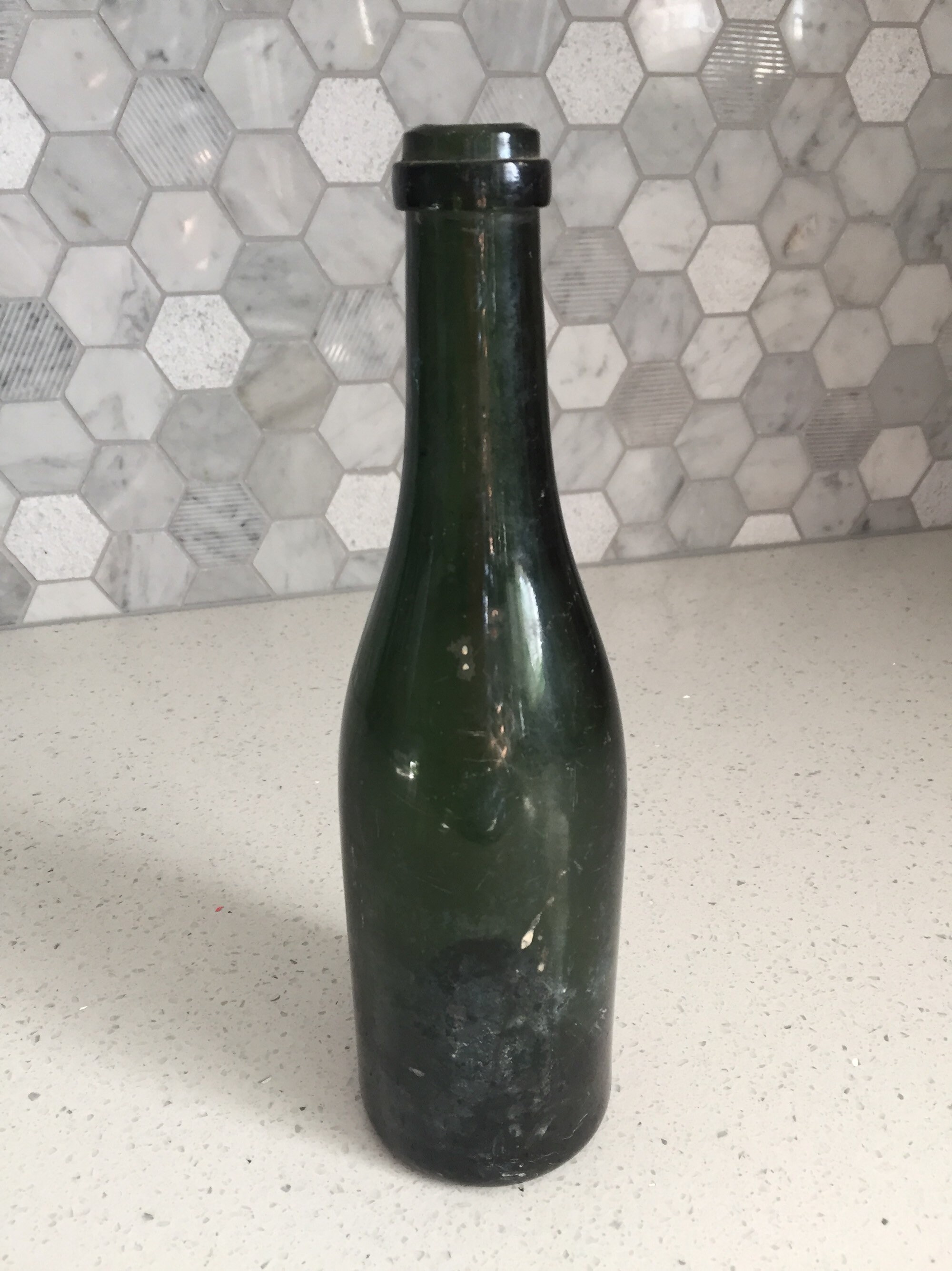 Dark Green Glass Wine Bottle, Cork Top, Punt, Unmarked, Heavy, Glass