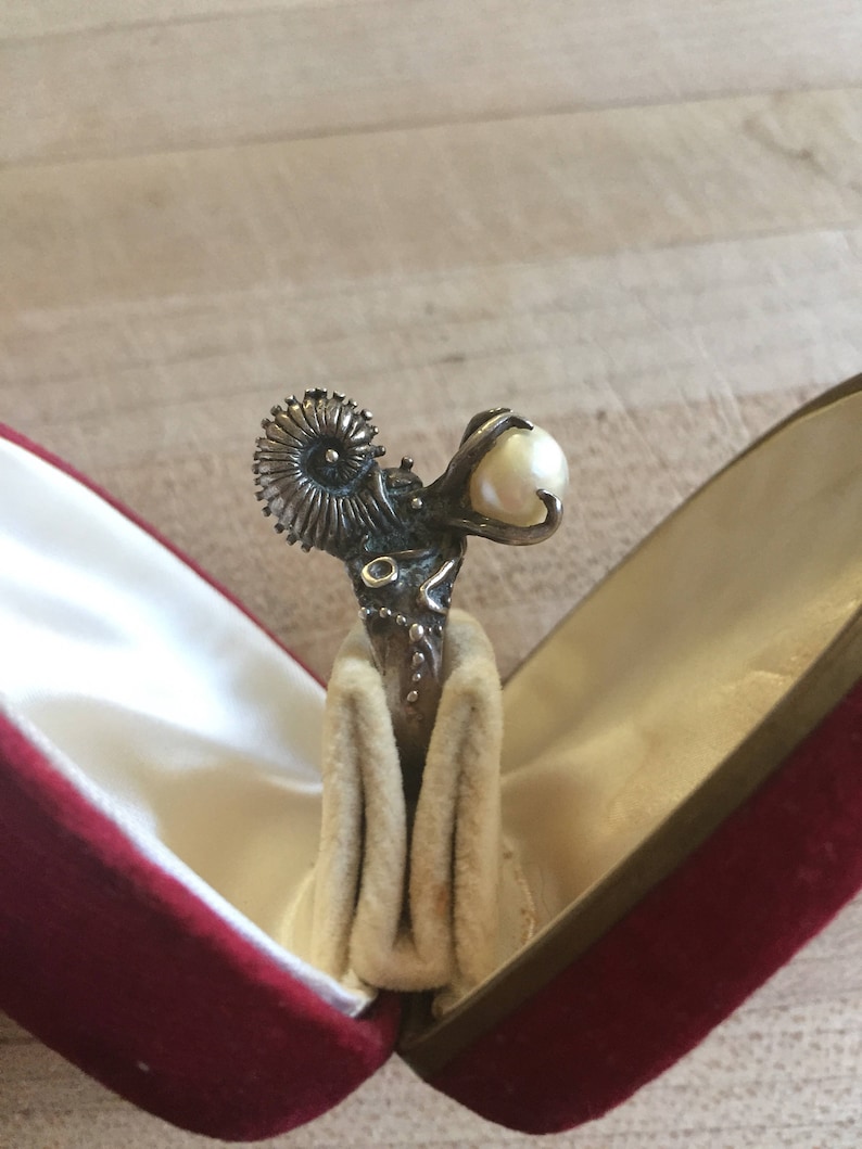 Ammonite Ring Sterling Silver Ring Prehistoric Unique Creature Halloween Pearl Ammonite Pirate Sea Beautiful Sea Ring On Sale
