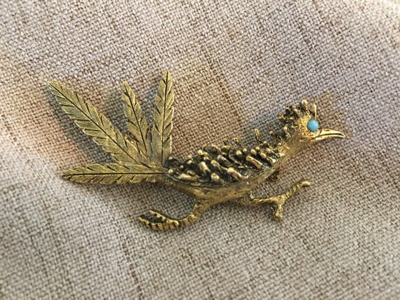 Roadrunner Brooch , Gold Toned , Turquoise Colored