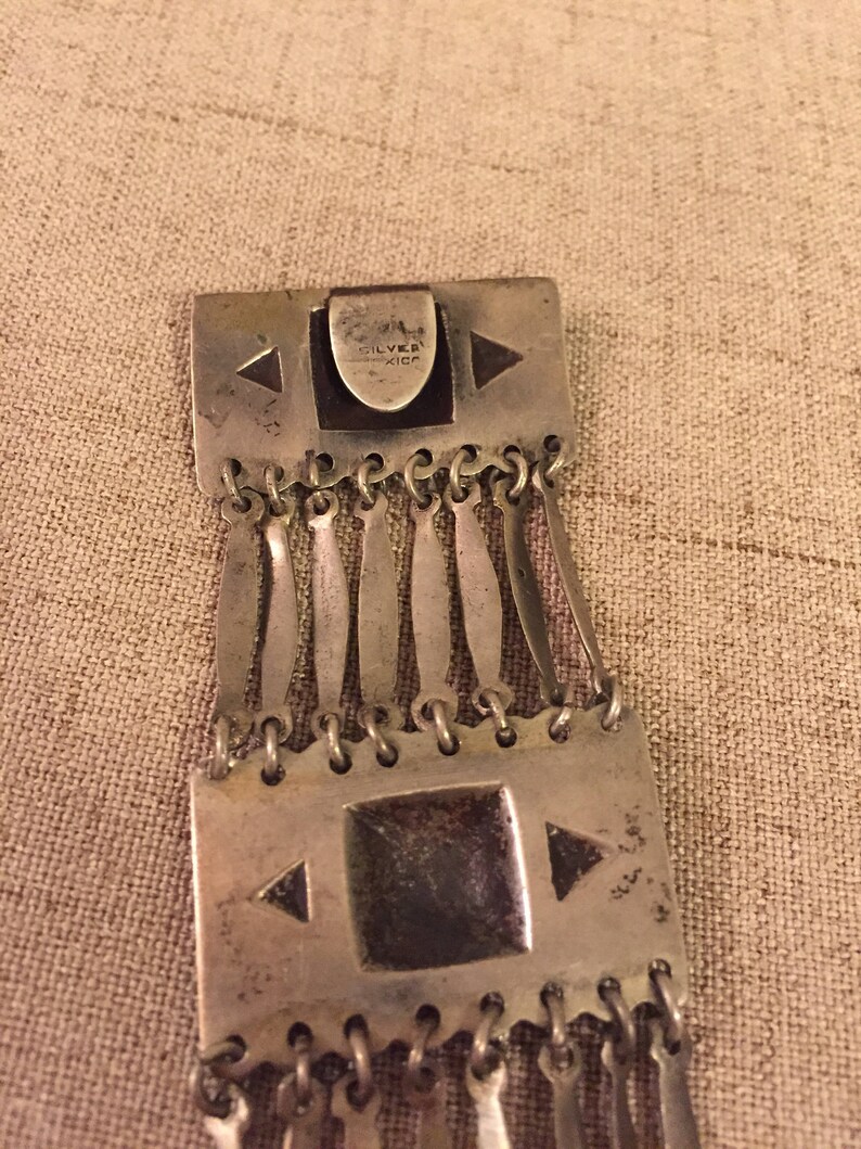 Wide Stamped Silver Eye Catching Mexico Bracelet Pyramid Sterling Boho Bracelet Chunky Bar