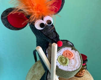Sushi mouse headpiece with chopsticks and soy sauce