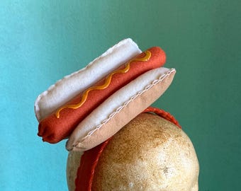 Hotdog headband – Lightweight ,felt, adult costume with mustard.