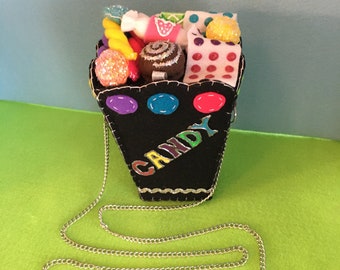 candy cross shoulder hand stitched felt bag .
