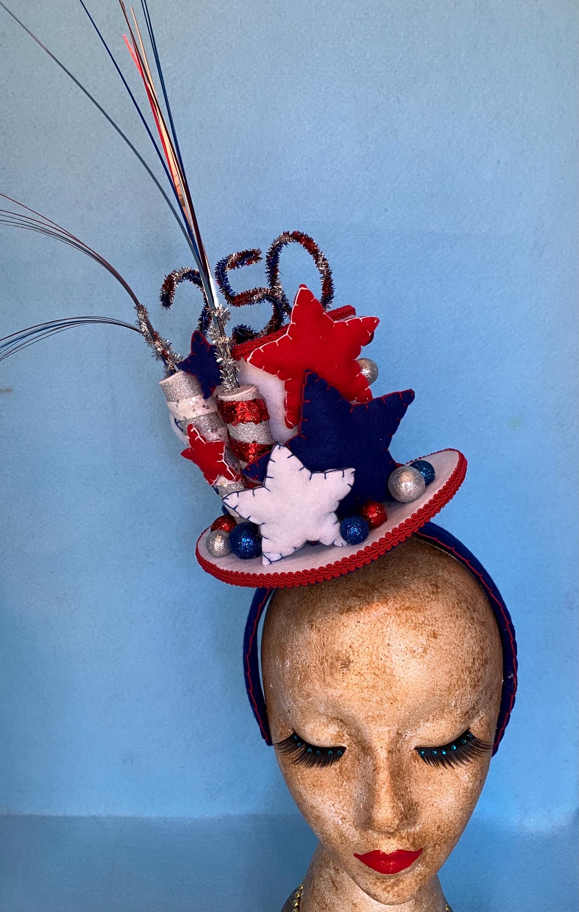 Women\'s Statement Feather Fascinator Hat in Blue and Red Red, Navy Blue and White Medium Feather Fascinator Hat  main image 3