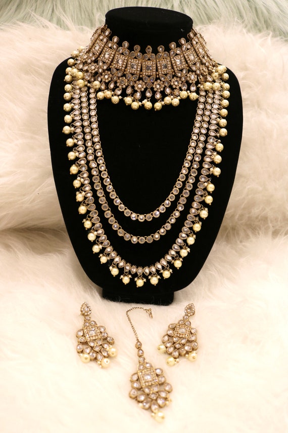 Polki Bridal Set With Choker Rani Haar Earrings and Tikka