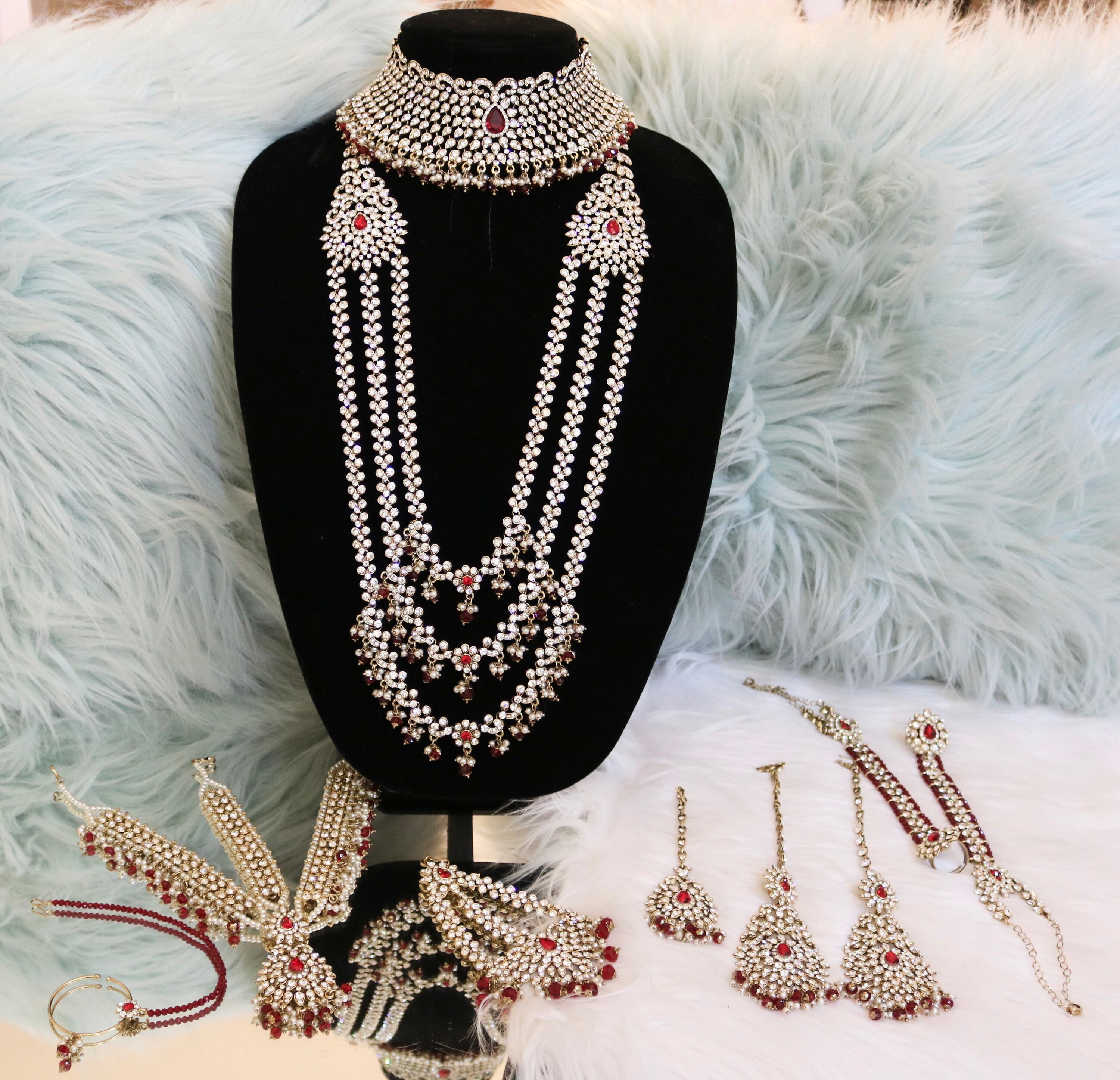 AD Stone Bridal Necklace and Rani Haar Set With Earrings Matha