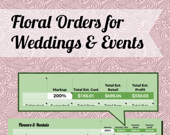 May include: A spreadsheet with a green border shows a floral order form for weddings and events. The form includes a list of flowers and rentals with their corresponding SKUs, item names, categories, units of measurement, estimated cost each, suggested retail each, total item cost, total item retail, and total number to order. The spreadsheet shows a markup of 200% and a total estimated cost of $165.01, a total estimated retail of $495.04, and a total estimated profit of $330.03.
