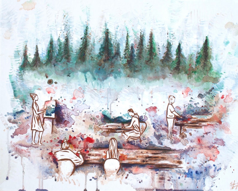Peut inclure: Une peinture &agrave; l'aquarelle repr&eacute;sentant quatre personnes assises &agrave; des tables en bois dans un cadre forestier. La peinture pr&eacute;sente une palette de couleurs douces avec des nuances de bleu, de vert et de brun. Les personnes sont repr&eacute;sent&eacute;es de mani&egrave;re simple et stylis&eacute;e, et les arbres en arri&egrave;re-plan sont rendus avec un style pictural l&acirc;che.