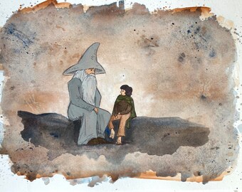 May include: A watercolor painting of a wizard with a long white beard and a pointed hat, sitting on a rock with a young person. The wizard is wearing a grey robe and the young person is wearing a green cloak. The background is a light brown with white speckles.