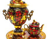 Khohloma Russian Electric Samovar Kettle with Teapot and Tray