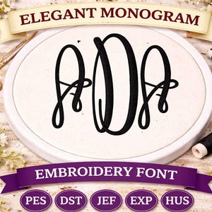 Könnte beinhalten: Ein elegantes Monogramm-Design in schwarzer Schrift auf weißem Hintergrund. Das Bild zeigt den Text "ELEGANT MONOGRAM" und "EMBROIDERY FONT". Darunter befinden sich Stickdateiformat-Symbole und ein Etikett mit "INSTANT DOWNLOAD".