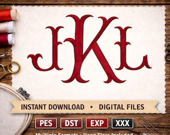 Fishtail Embroidery Monogram Font | Mermaid Elegant 3-Letter Alphabet | PES DST JEF Exp Bx Hus File Embroidery Design Instant Download