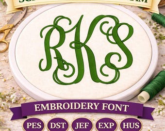 Script Vine Monogram Embroidery Font | PES DST JEF Exp Hus Embroidery Alphabet Digital Instant Download