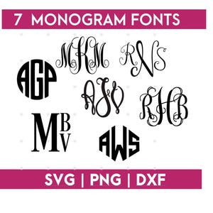 Könnte beinhalten: Ein Bild mit sieben schwarzen Monogramm-Schriftarten auf weißem Hintergrund. Der Text "7 MONOGRAM FONTS" wird oben in einem rosa Banner angezeigt. Darunter werden verschiedene Monogramm-Stile präsentiert, mit "SVG | PNG | DXF" unten.
