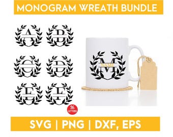 Split Wreath Monogram PNG Bundle Letter A-Z SVG Bundle Cut File, Font for Cricut Silhouette Cameo for DIY Crafts, Instant Digital Download