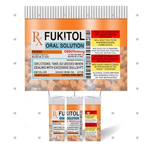 May include: Orange and white tumbler featuring the text "FUKITOL ORAL SOLUTION" with a prescription label design. The label includes directions, dosage, and warnings about potential side effects. The tumbler is a novelty item.