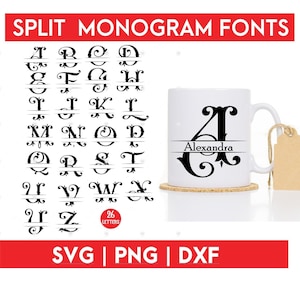Könnte beinhalten: Weiße Kaffeetasse mit einem schwarzen Split-Monogramm-Design mit dem Buchstaben "A" und dem Namen "Alexandra". Das Bild zeigt auch eine Vielzahl von Split-Monogramm-Schriften und den Text "SVG | PNG | DXF".