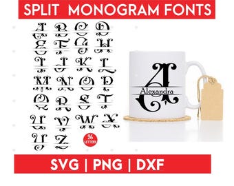 Editable Split Monogram Letter A-Z SVG Bundle Cut File, Font for Cricut and Cameo Silhouette Png, Dxf DIY Crafts  Instant Digital Download