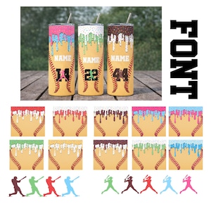 May include: Three baseball-themed tumblers with colorful dripped icing designs in pink, white, and brown. Each tumbler has a baseball stitch design, a number, and the word "NAME". Additional baseball-themed designs are also shown.