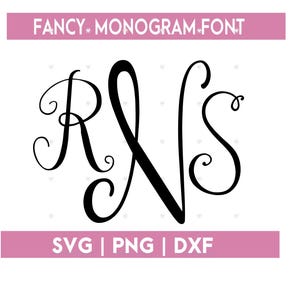 May include: Black monogram design featuring the letters R, N, and S in a fancy script font. The design includes the text "FANCY MONOGRAM FONT" at the top and "SVG | PNG | DXF" at the bottom, all on a white background.