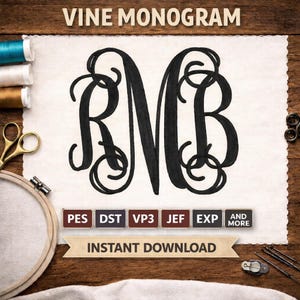 May include: A black vine monogram featuring the letters R, M, and B, displayed on white fabric. The text "VINE MONOGRAM" is at the top. Below the monogram are file type labels and the words "INSTANT DOWNLOAD". Sewing supplies are in the background.