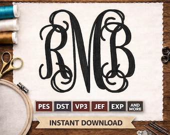 Vine Monogram Embroidery Font | Script 3 Letter Monogram | Digital Download Embroidery Design | 1-6 Inch Sizes | PES DST vp3, Jef, Exp