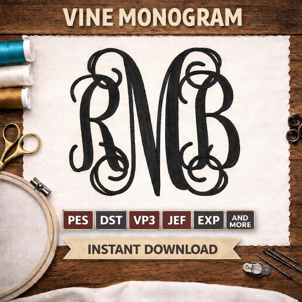 Vine Monogram Embroidery Font | Script 3 Letter Monogram | Digital ...