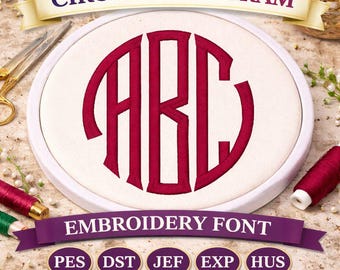 Modernes Kreis Monogramm Stickschrift | Klassische Kreis Initialen | PES DST JEF Exp Hus Stickerei Alphabet Sofort Download