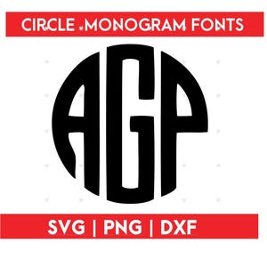 May include: Black monogram design featuring the letters AGP within a circle. The text "CIRCLE MONOGRAM FONTS" is in a red banner at the top, and "SVG | PNG | DXF" is in a red banner at the bottom.