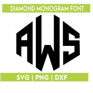 Könnte beinhalten: Schwarzes Monogramm-Design mit den Buchstaben AWS in Diamantenform. Der Text "DIAMOND MONOGRAM FONT" befindet sich über dem Monogramm, und "SVG | PNG | DXF" darunter, alles in einem limettengrünen Banner auf weißem Hintergrund.