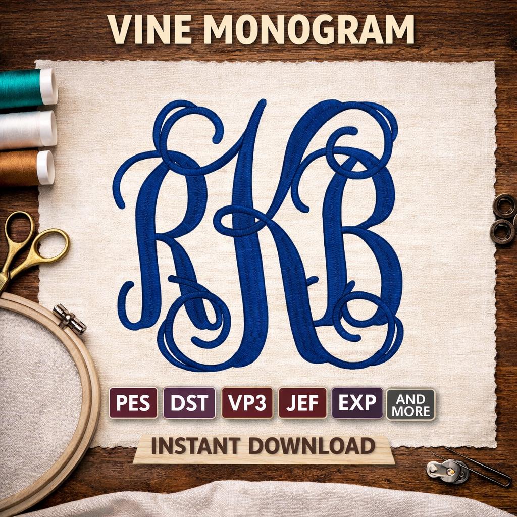 Script Exp Monogram Vine Monogram Embroidery Font | Script 3 Letter Monogram | Digital ...