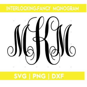 Puede incluir: Diseño de monograma entrelazado negro con las letras M, K y M. El diseño está sobre un fondo blanco con barras amarillas en la parte superior e inferior, que contienen el texto "INTERLOCKING FANCY MONOGRAM" y "SVG | PNG | DXF".