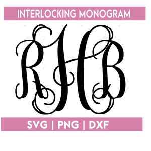 Puede incluir: Diseño de monograma entrelazado negro con las letras RHB en una fuente decorativa y arremolinada. El diseño está sobre un fondo blanco, con el texto "INTERLOCKING MONOGRAM" arriba y "SVG | PNG | DXF" abajo, todo en una pancarta rosa.