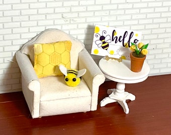 Dollhouse Miniature Bee Decor, Bee Pillow Set, White Fabric Chair, White Wooden Table, Bee Sign or Pot of Yellow Tulips. 1:12 Scale