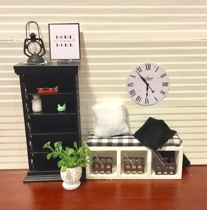 Dollhouse Miniature Black White Buffalo Plaid Bench With Etsy