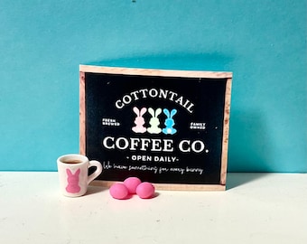Dollhouse Miniature Easter Decor, Pink Easter Bunny Mug or Cottontail Coffee Co. Sign.     1:12 Scale