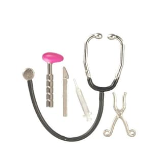May include: A set of toy medical tools, including a stethoscope, a pink medical hammer, a small silver scalpel, a small silver syringe, and a pair of silver forceps.