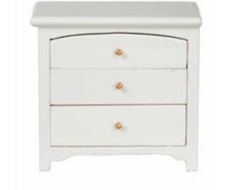 Mesita de noche o mesa auxiliar miniatura de madera blanca para casa de muñecas. Escala 1:12.