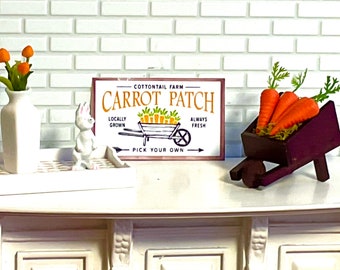 Dollhouse Miniature Easter Decor, White Wooden Tray with Carrot Liner, Ceramic Vase of Tulips, White Bunny, Carrot Patch Sign or Wheelbarrow