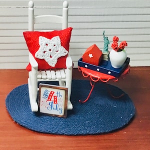 Dollhouse Miniature Fourth of July Decor, White Rocker, Red Star Pillow, Navy Rug, Statue Of Liberty, Star Tray or 4th Sign.  1:12 Scale