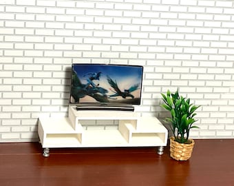 Dollhouse Miniature White Wooden Console with Curved TV or Potted Plant. 1:12 Scale