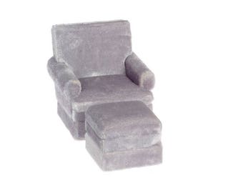 Dollhouse Miniature Grey Chair & Ottoman 1:12 Scale