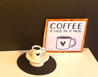 Dollhouse Miniature Mug of Coffee, Ceramic Stand or Coffee Sign.  1:12 Scale