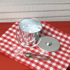 Dollhouse Miniature Silver Ice Bucket With Lid, Ice & Tongs.   1:12 Scale