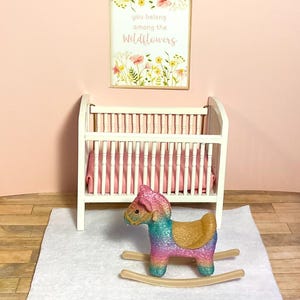 Dollhouse Miniature Nursery, White Crib with Pink Bedding, Rocking Horse or Floral Picture. 1:12 Scale