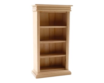 Miniatura para casa de muñecas, estantería de madera sin acabado con panel trasero de listones. Escala 1:12